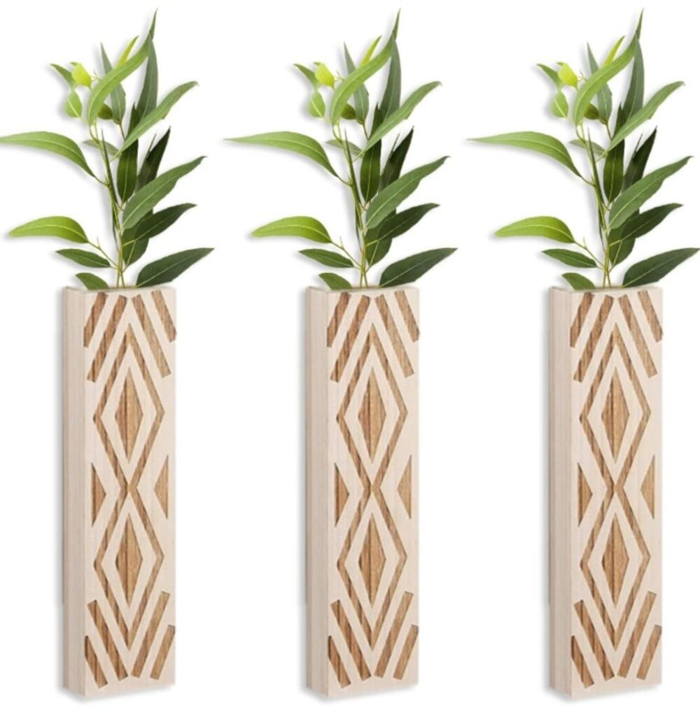 3 Pack Geometric Wood Wall Planters Carved Hanging Vases Boho Farmhouse Decor